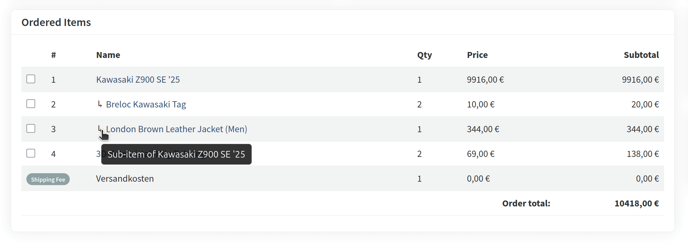 Subitems in the Order Admin